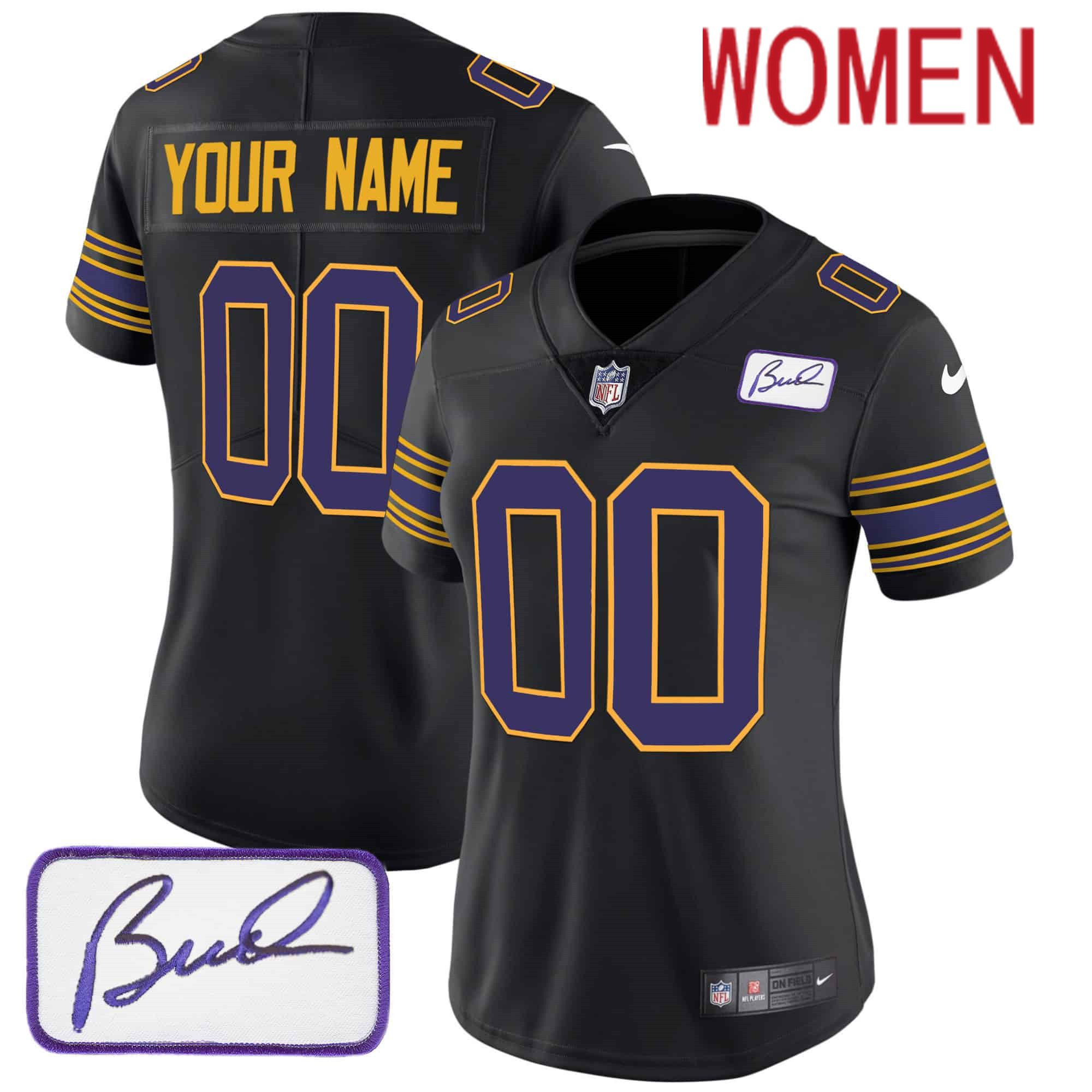 Women Minnesota Vikings Black 2024 Nike Bud Grant Patch Classic Limited Custom NFL Jersey->customized nfl jersey->Custom Jersey